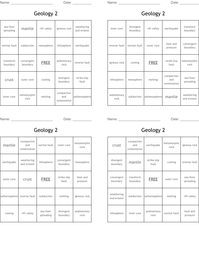 Geology 2 Bingo Cards