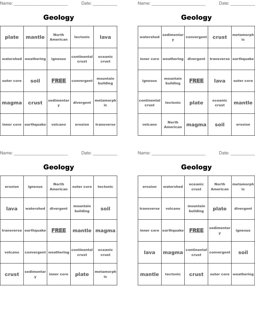 Geology Bingo Cards