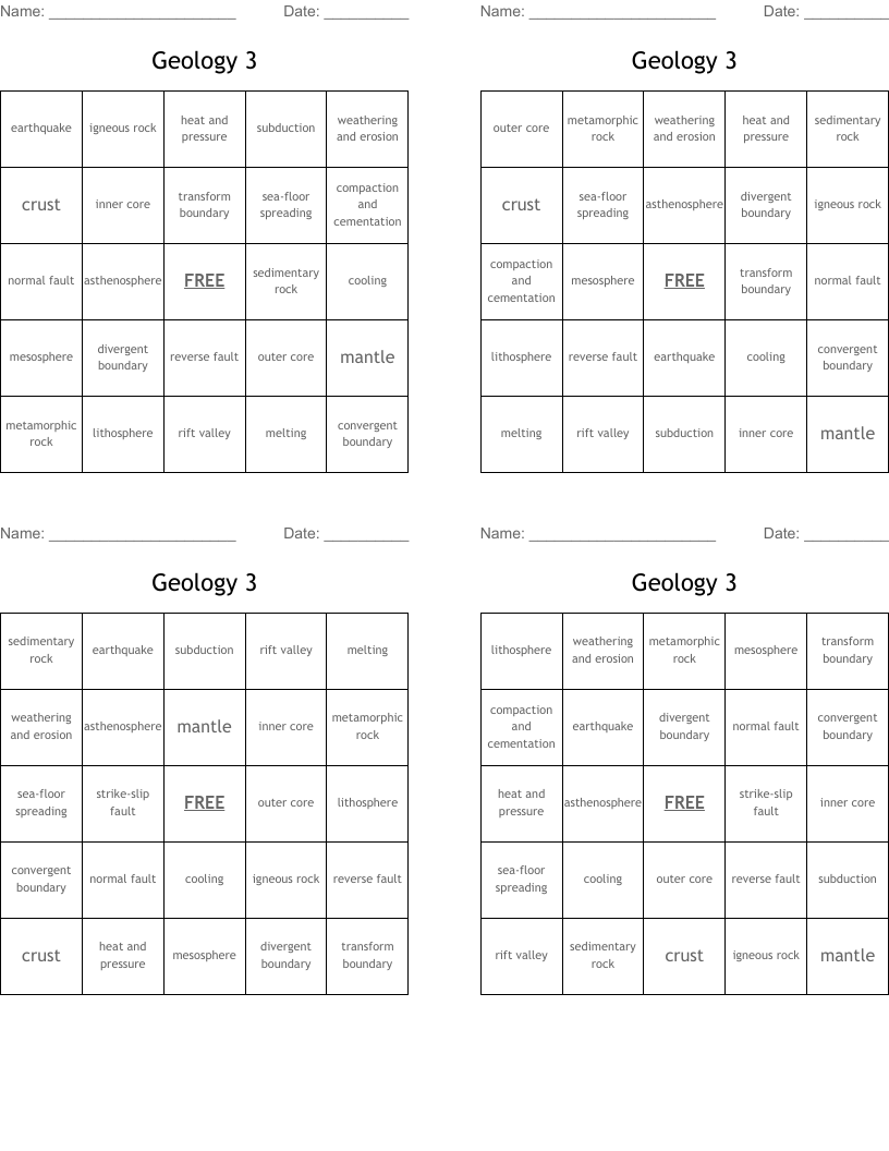 Geology 3 Bingo Cards