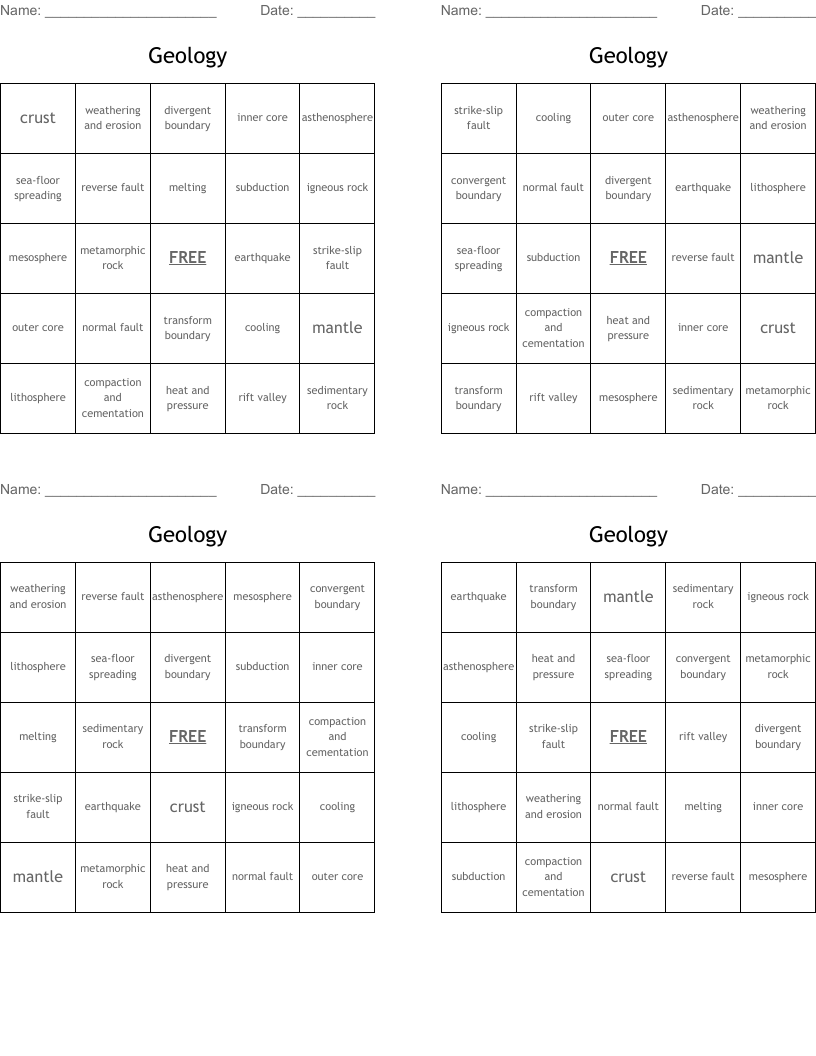 Geology Bingo Cards