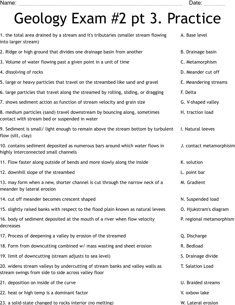 Geology Exam #2 pt 3. Practice  Worksheet