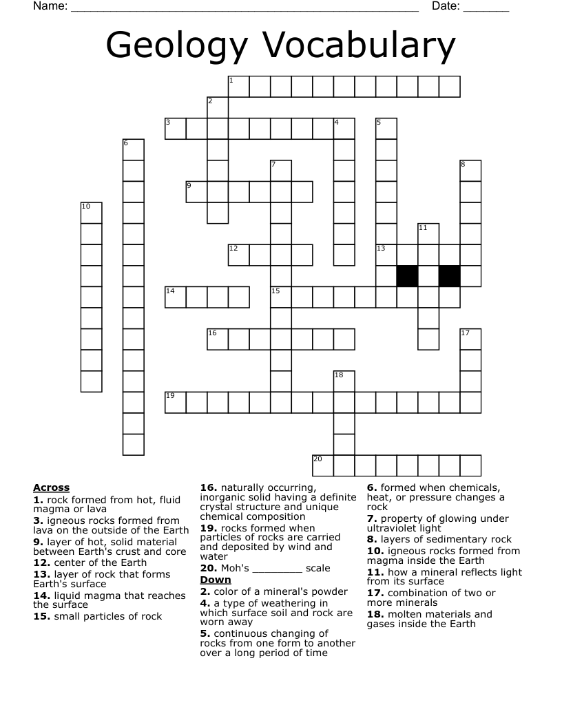 Geology Vocabulary Crossword
