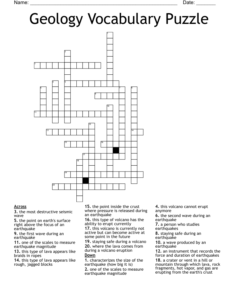 Geology Vocabulary Puzzle Crossword