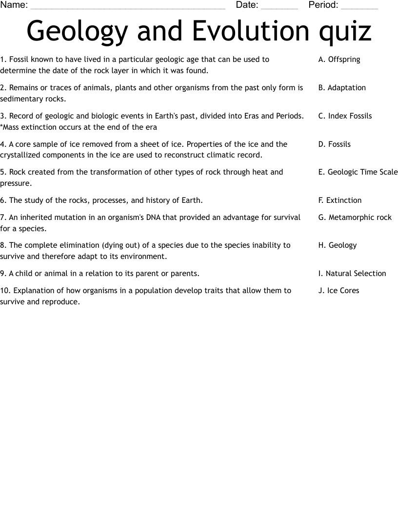 Geology and Evolution quiz  Worksheet