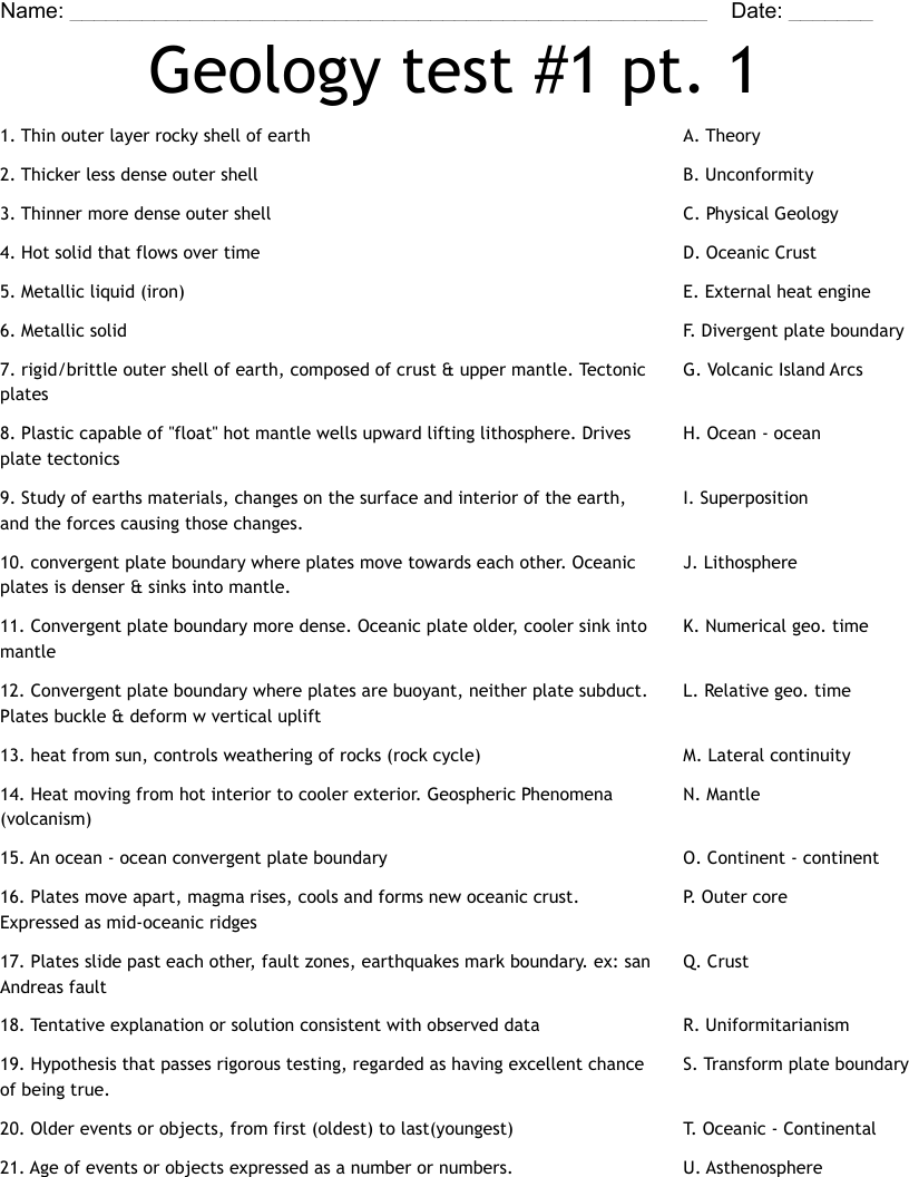 Geology test #1 pt. 1 Worksheet