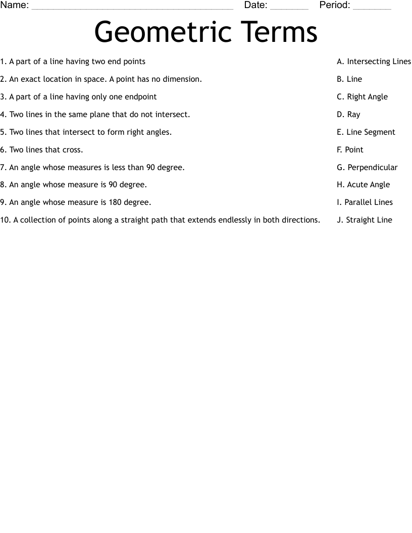 Geometric Terms Worksheet