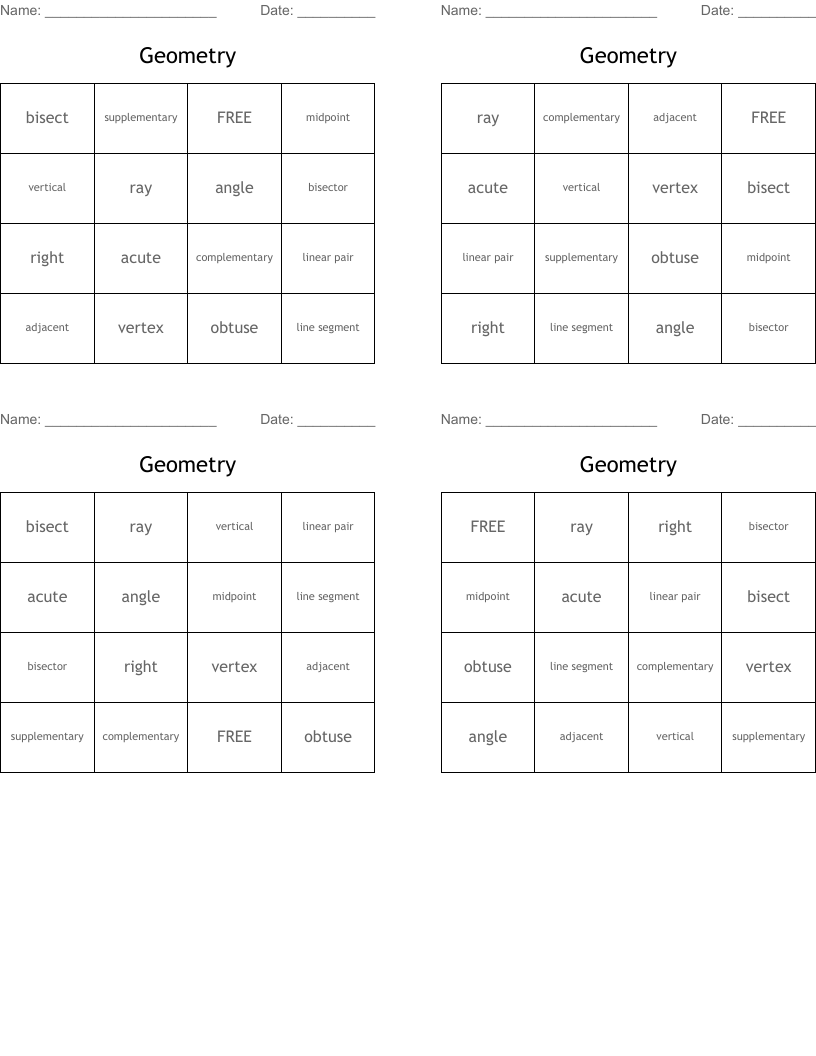 Geometry Bingo Cards