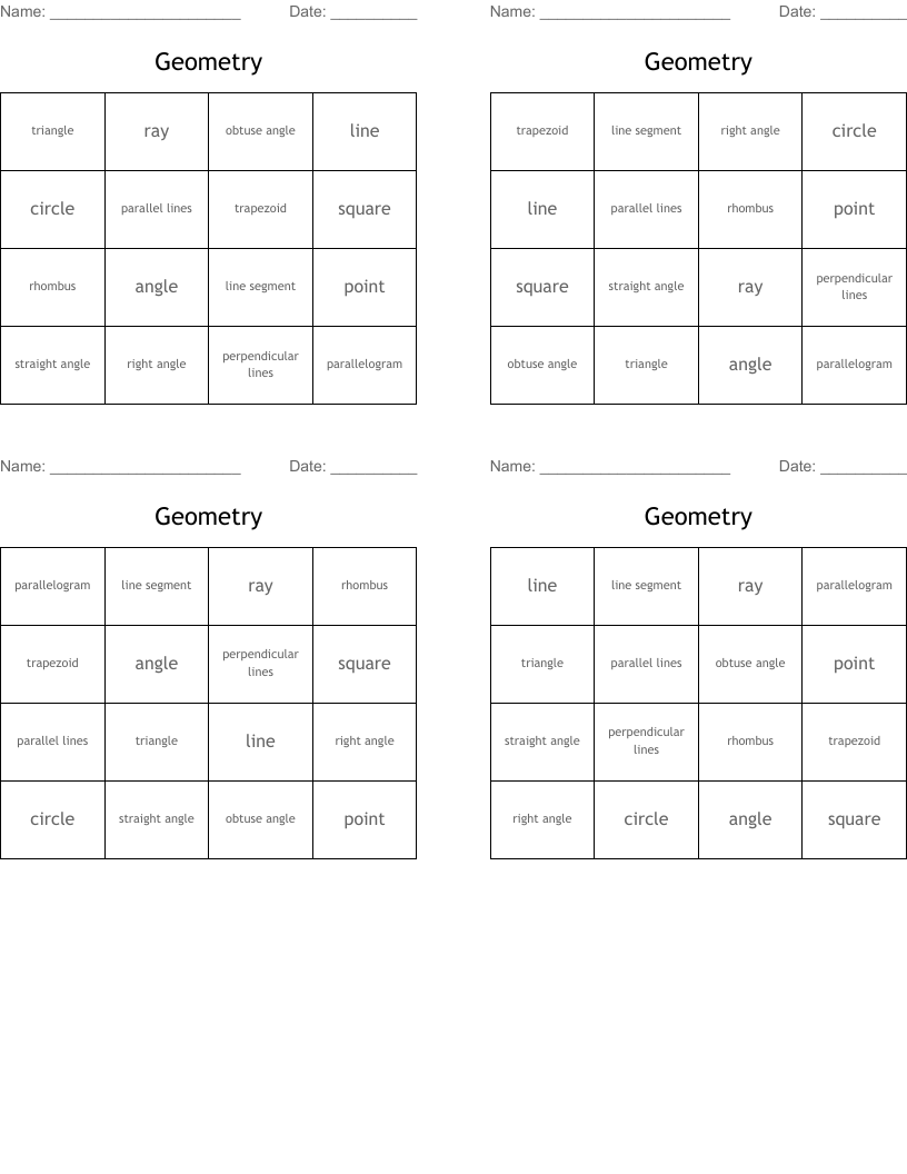 Geometry Bingo Cards