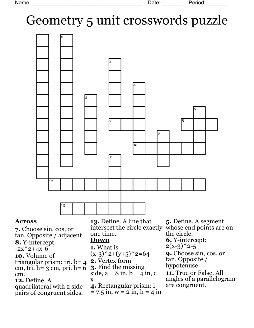 Geometry 5 unit crosswords puzzle