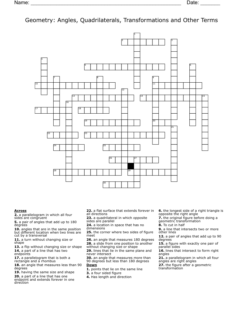 Geometry: Angles, Quadrilaterals, Transformations and Other Terms Crossword