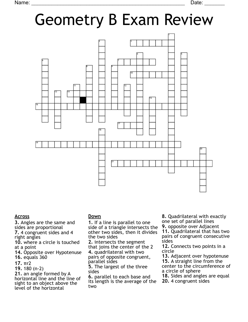 Geometry B Exam Review Crossword