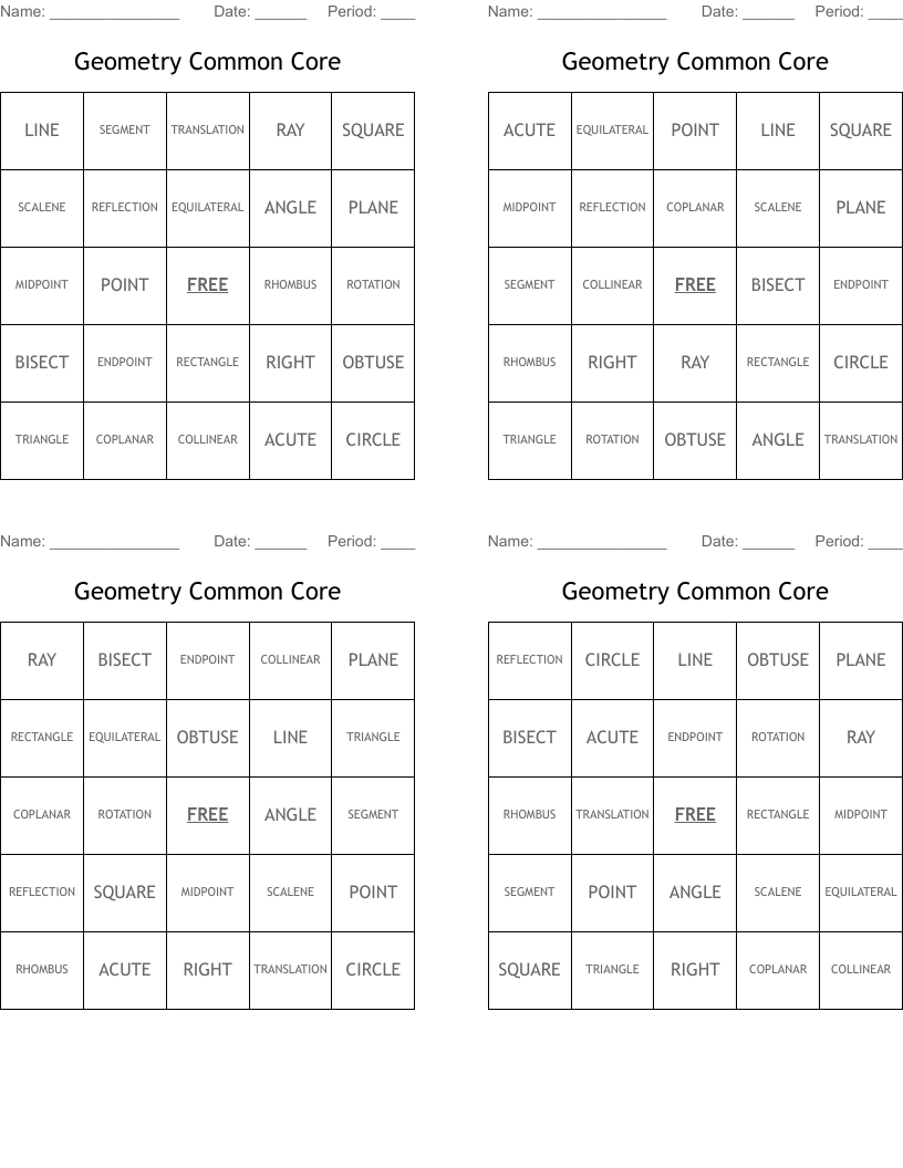 Geometry Common Core  Bingo Cards
