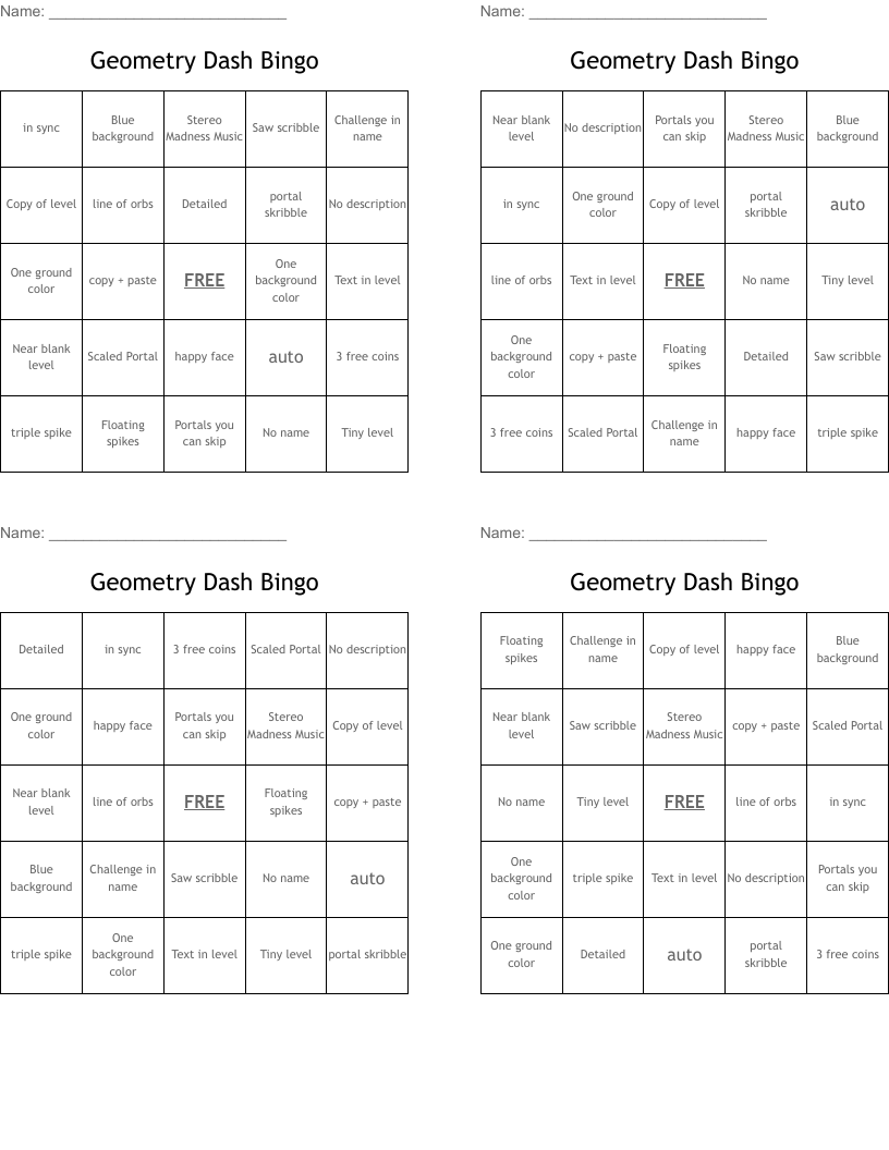 Geometry Dash Bingo