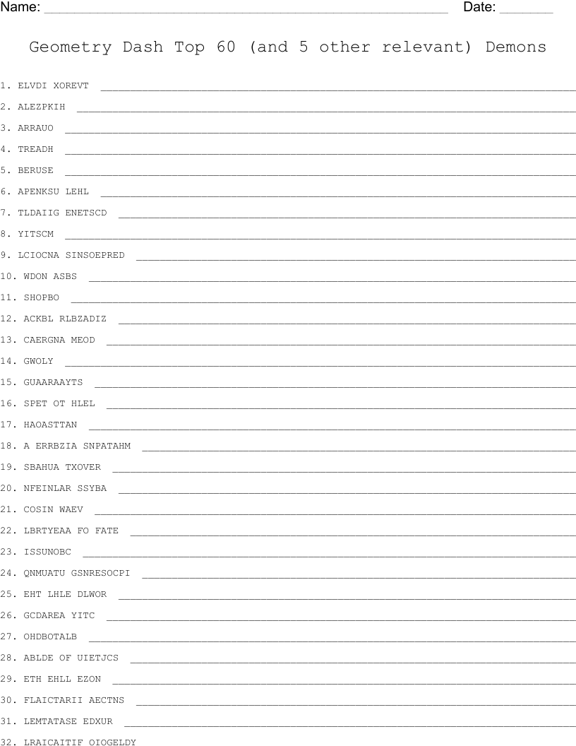 Geometry Dash Top 60 (and 5 other relevant) Demons Word Scramble