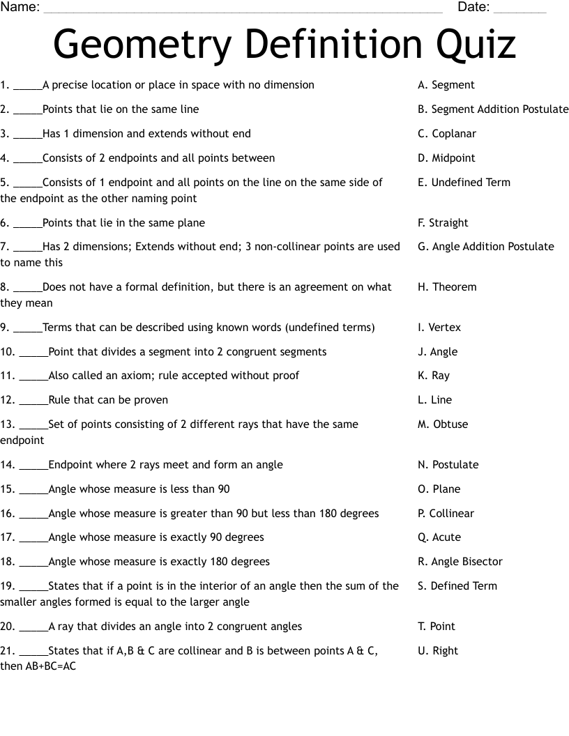 Geometry Definition Quiz Worksheet
