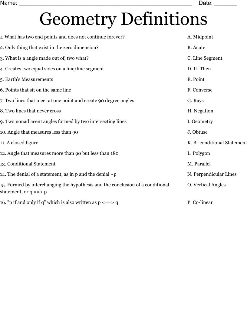 Geometry Definitions Worksheet