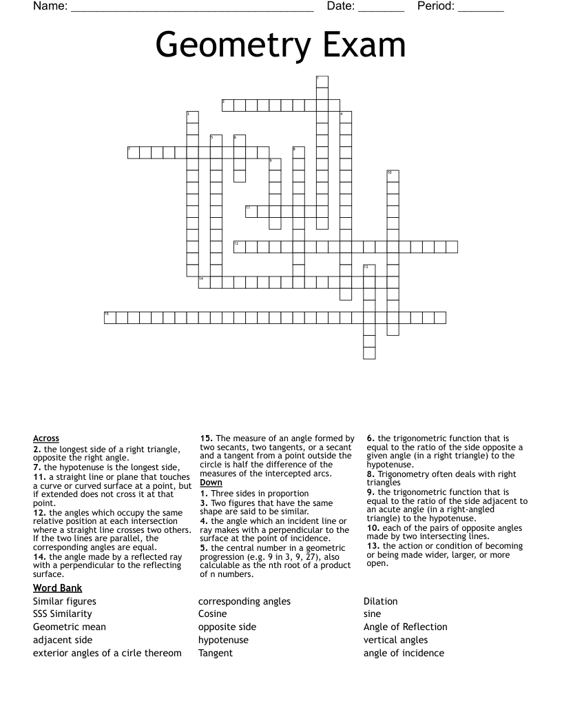 Geometry Exam Crossword