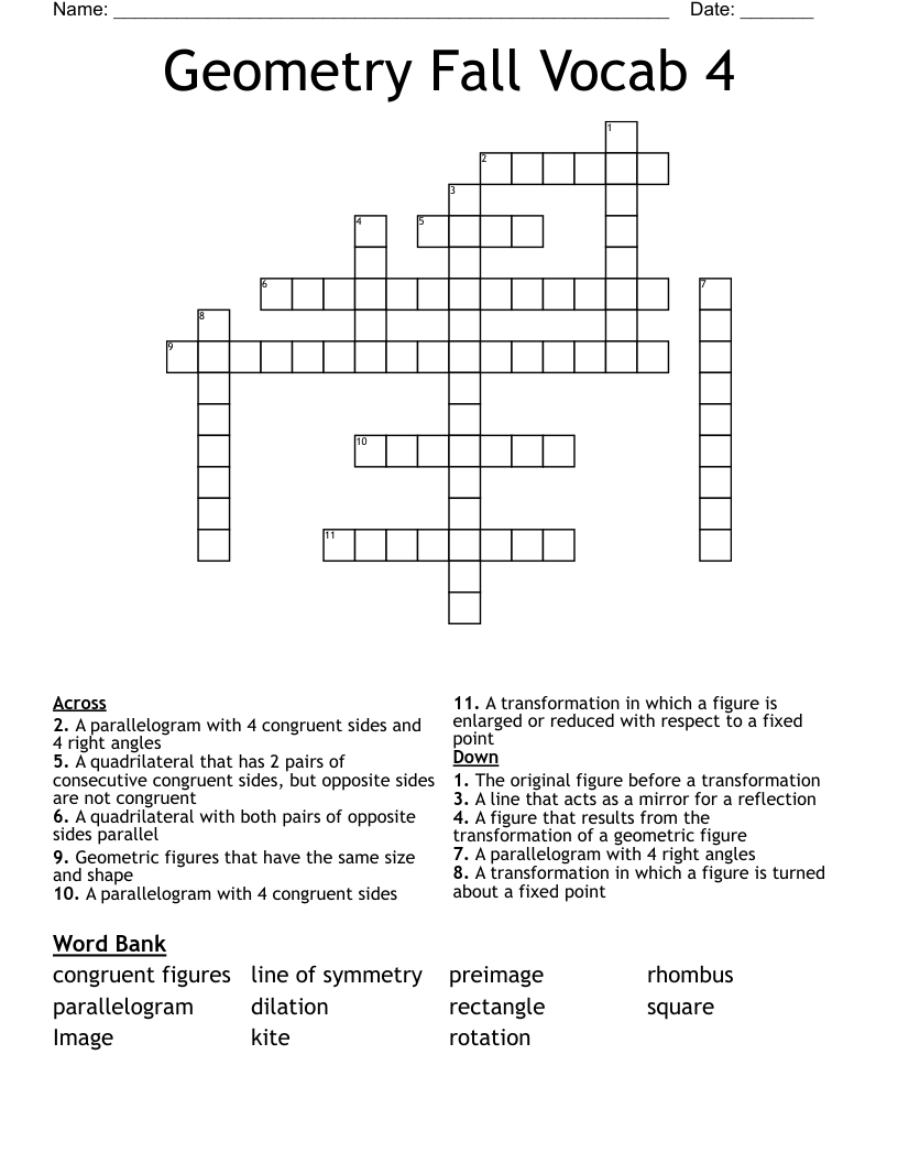 Geometry Fall Vocab 4 Crossword