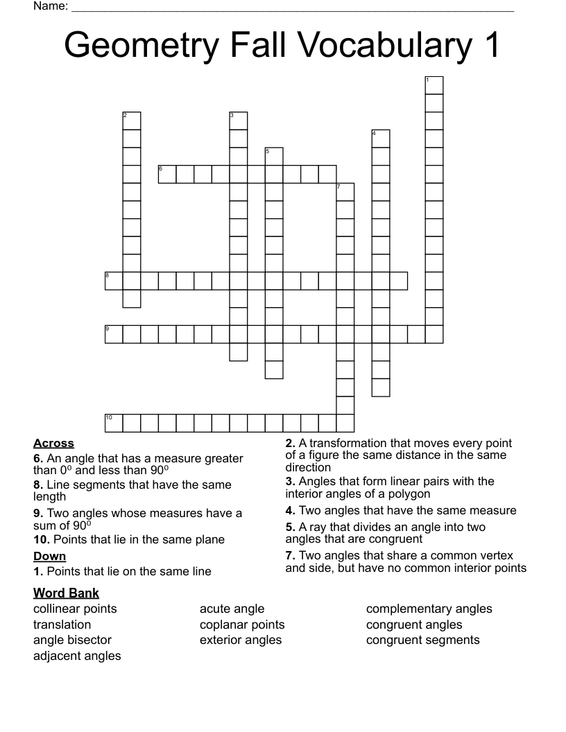 Geometry Fall Vocabulary 1  Crossword