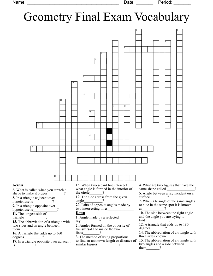 Geometry Final Exam Vocabulary  Crossword