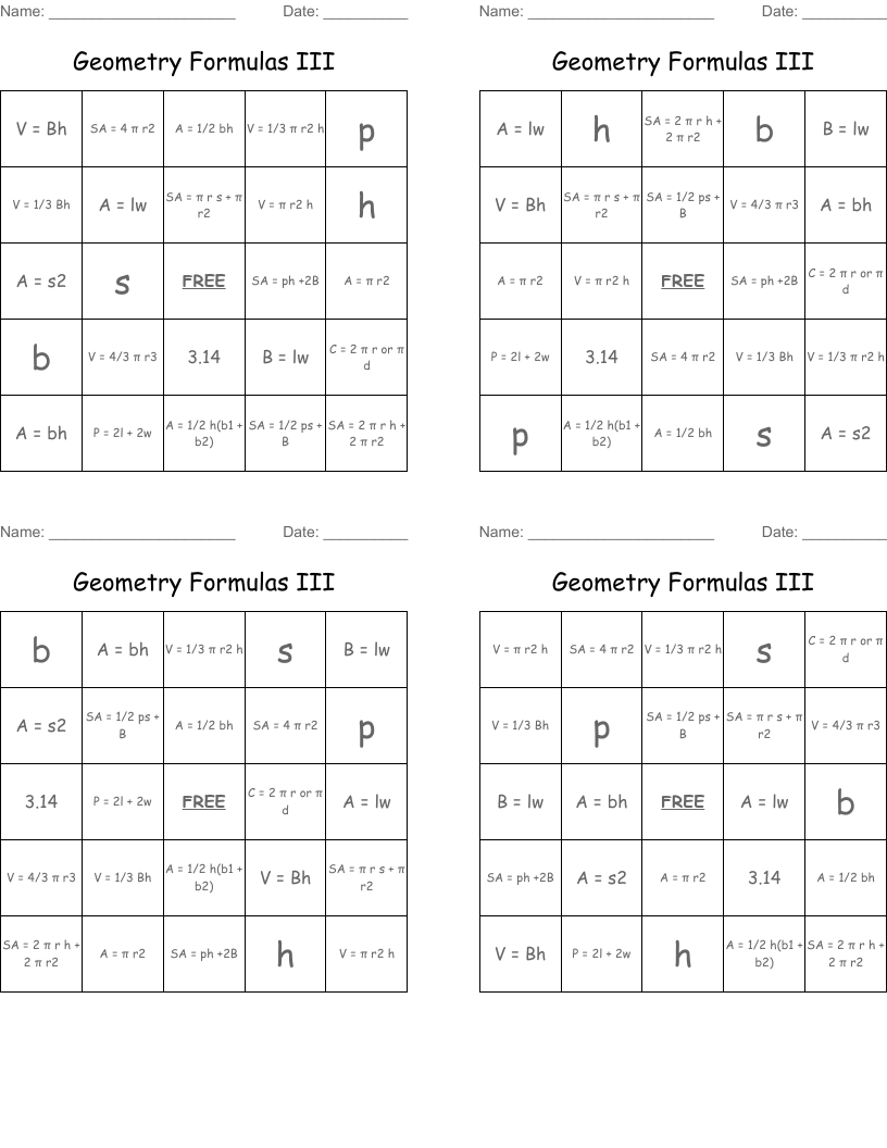 Geometry Formulas III Bingo Cards