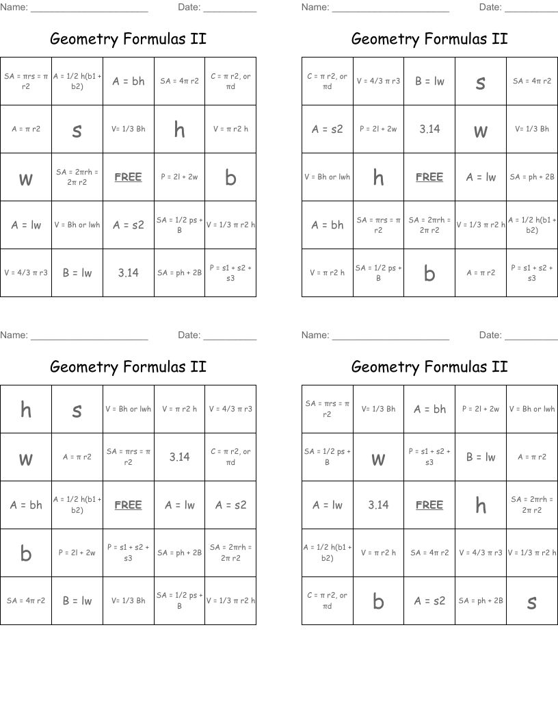 Geometry Formulas II Bingo Cards