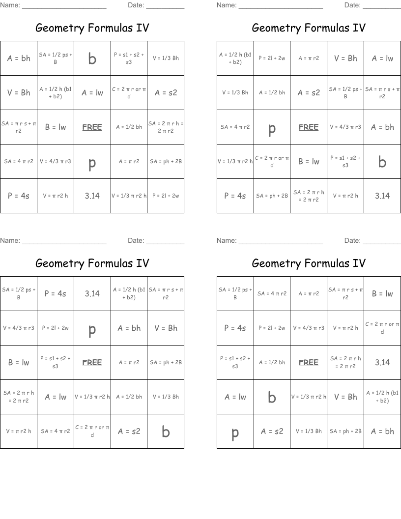 Geometry Formulas IV Bingo Cards