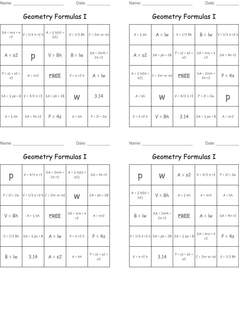 Geometry Formulas I Bingo Cards