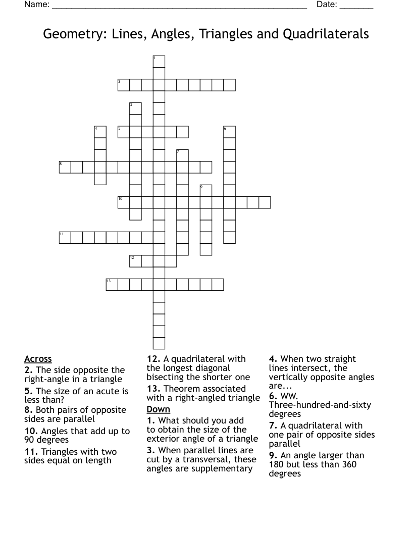 Geometry: Lines, Angles, Triangles and Quadrilaterals Crossword