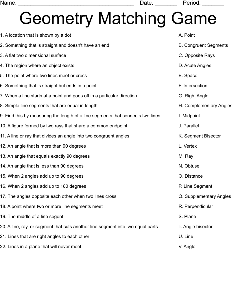 Geometry Matching Game Worksheet