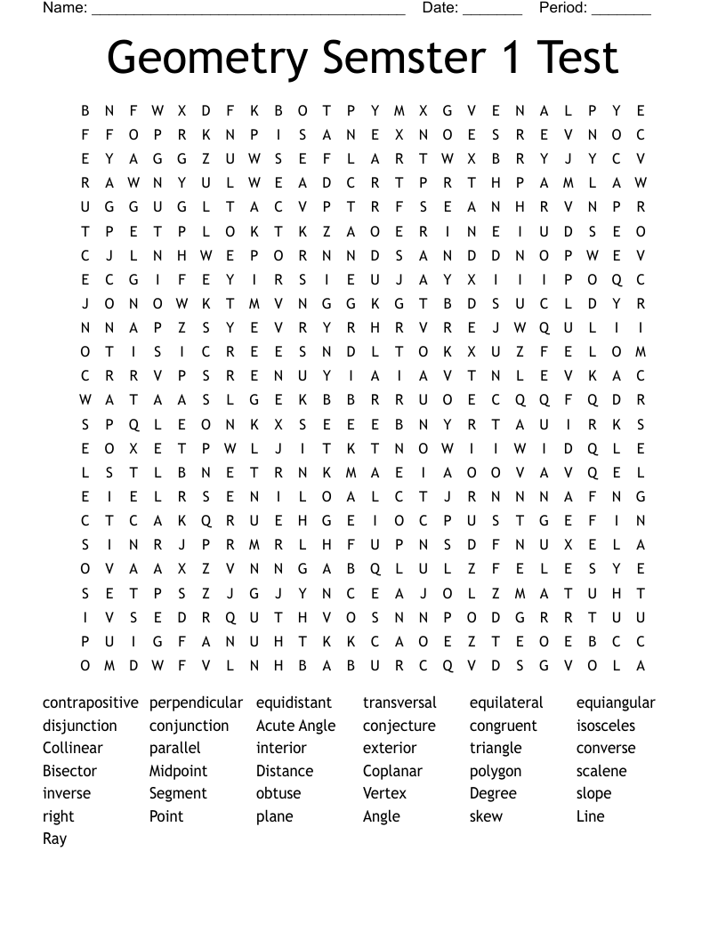 Geometry Semster 1 Test Word Search