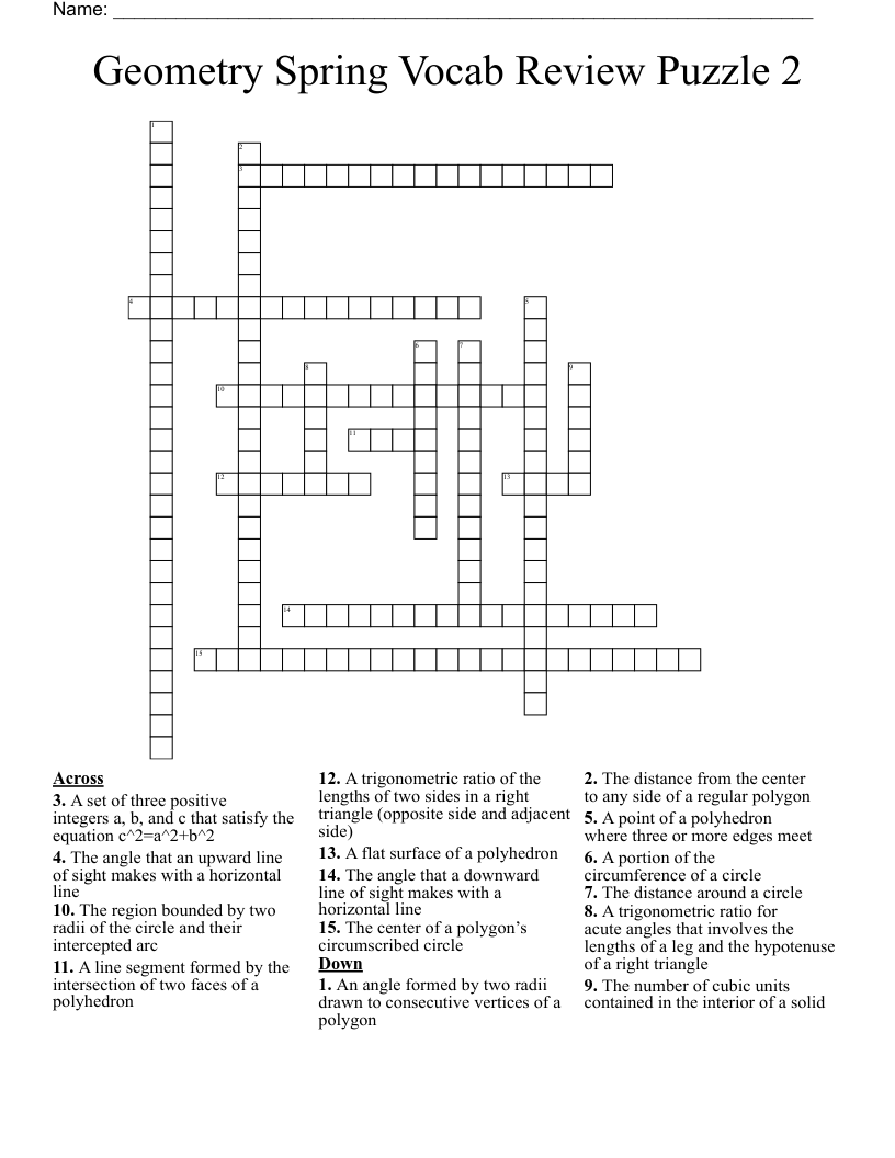 Geometry Spring Vocab Review Puzzle 2 Crossword