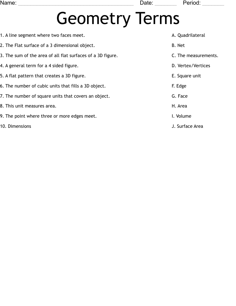 Geometry Terms Worksheet