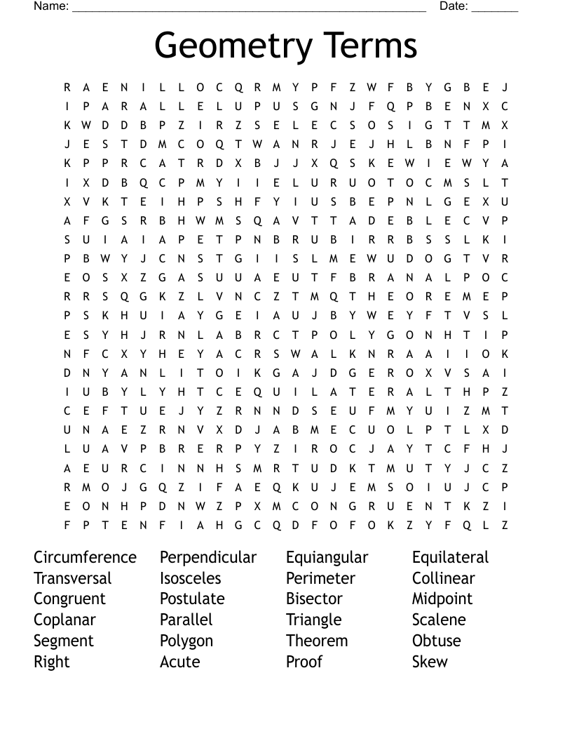Geometry Terms Word Search