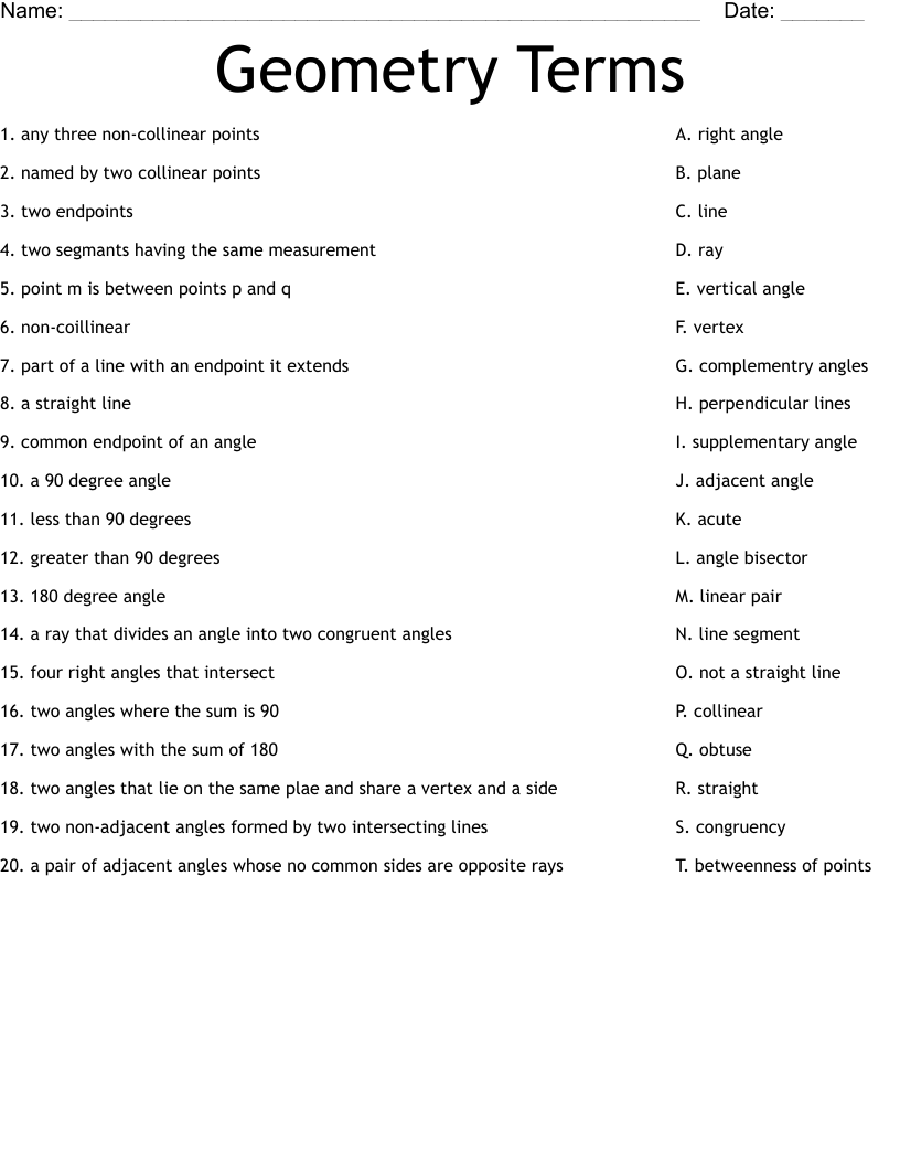 Geometry Terms Worksheet