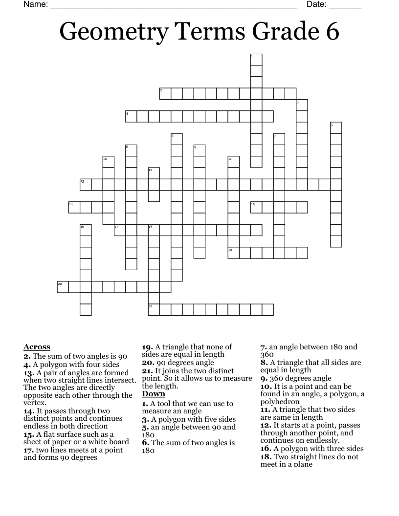 Geometry Terms Grade 6 Crossword