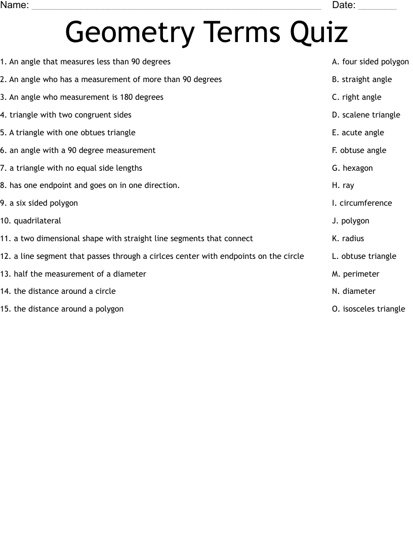 Geometry Terms Quiz Worksheet
