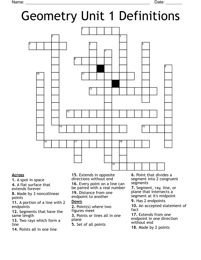 Geometry Unit 1 Definitions Crossword