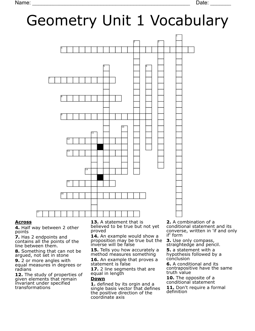 Geometry Unit 1 Vocabulary Crossword