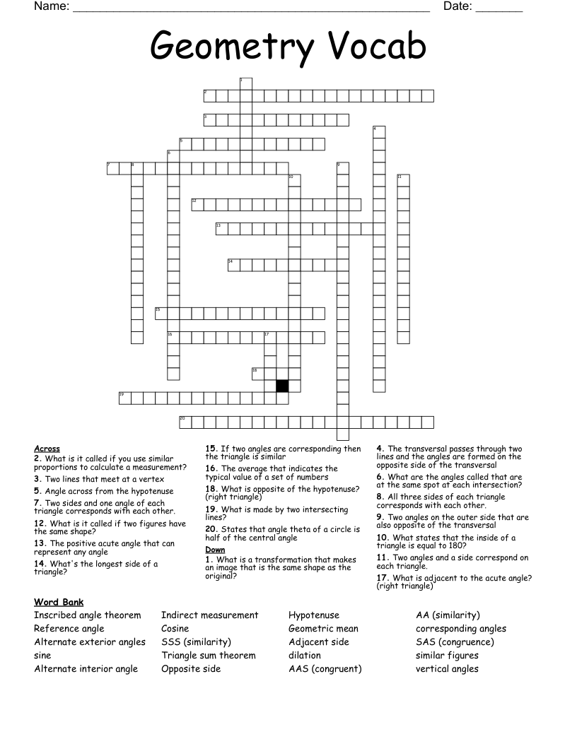 Geometry Vocab Crossword