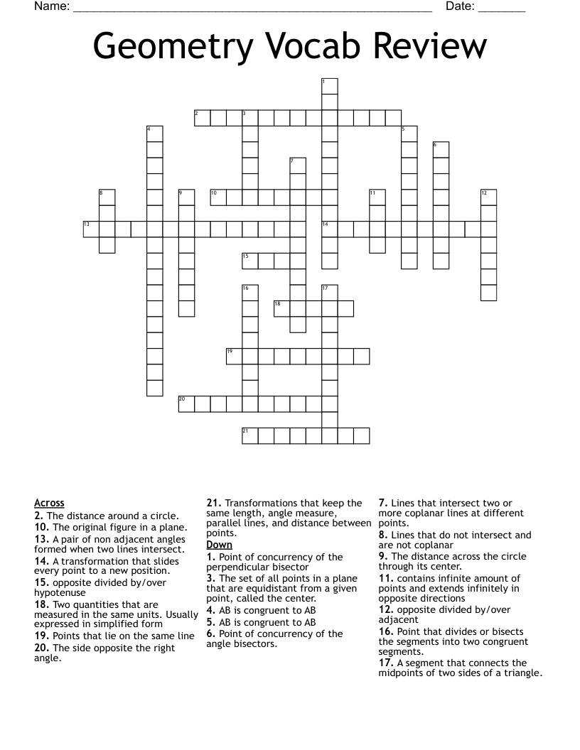 Geometry Vocab Review Crossword