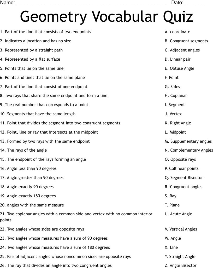 Geometry Vocabular Quiz Worksheet