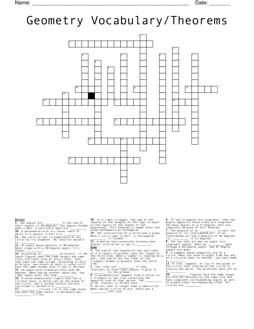 Geometry Vocabulary/Theorems Crossword