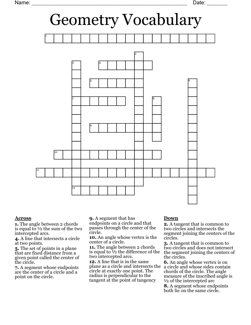 Geometry Vocabulary Crossword