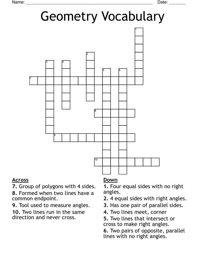 Geometry Vocabulary Crossword