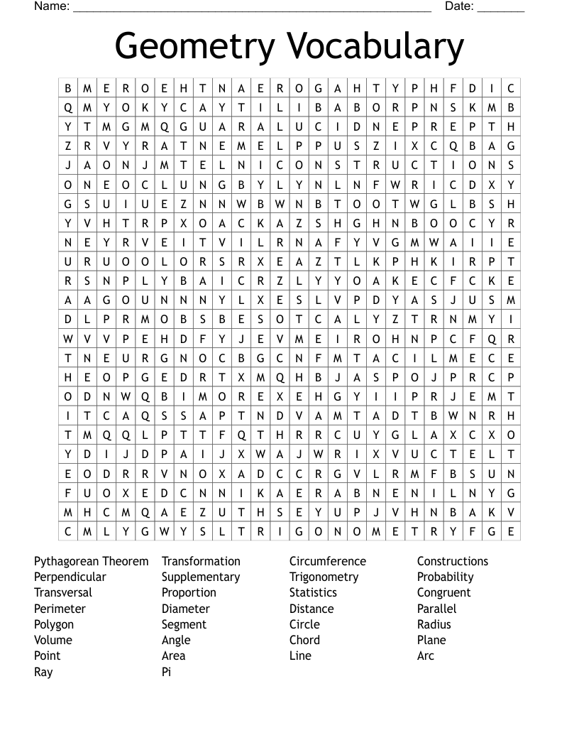 Geometry Vocabulary Word Search