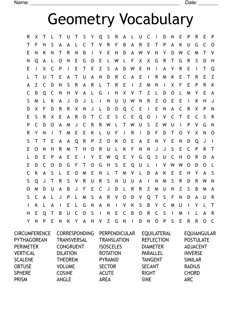 Geometry Vocabulary Word Search