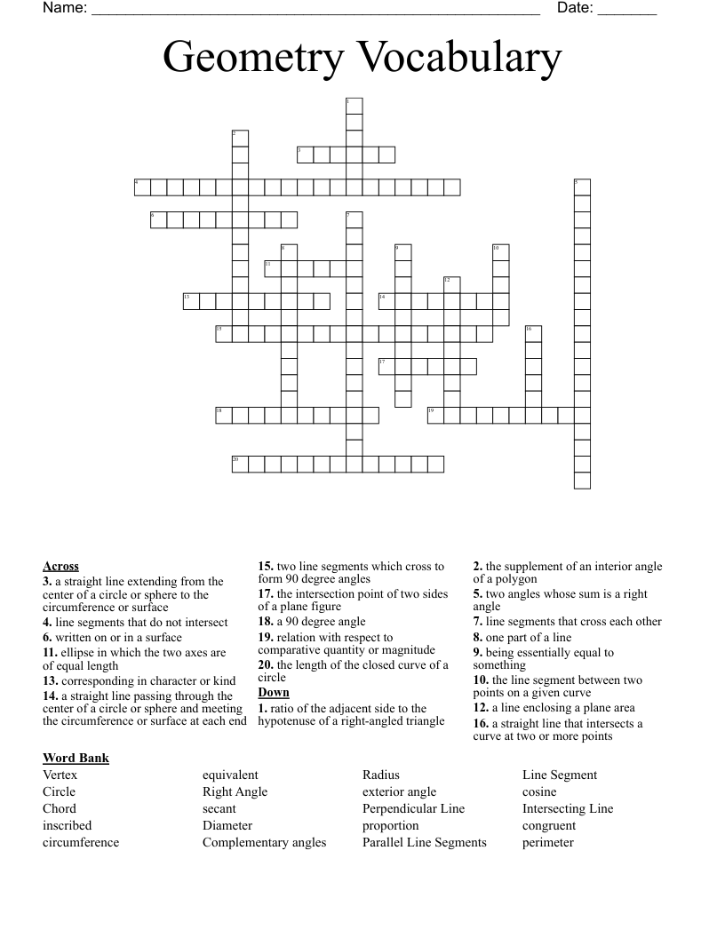 Geometry Vocabulary Crossword