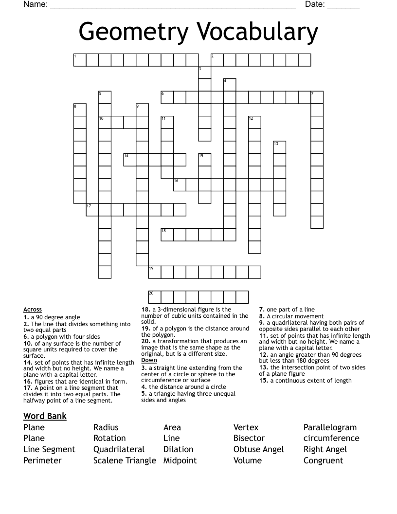 Geometry Vocabulary Crossword