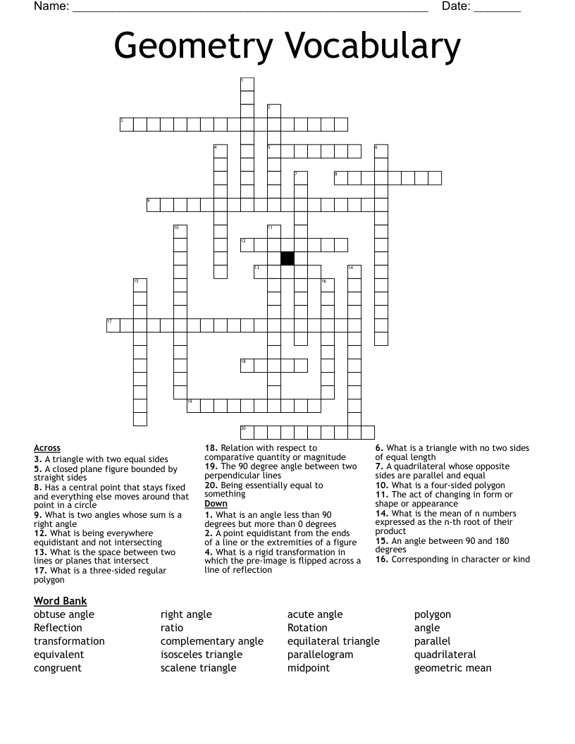 Geometry Vocabulary Crossword